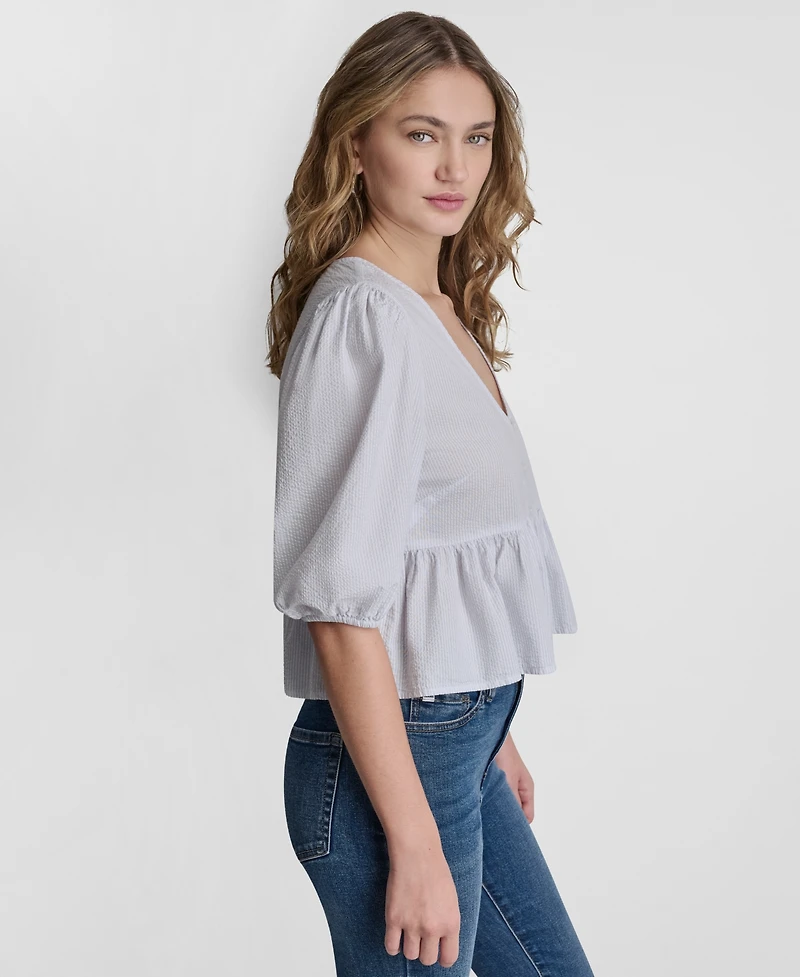 Dkny Jeans Petite Puff-Sleeve V-Neck Top