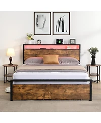 flynama Led Light Bed Frame with Storage Headboard Charging Station and Two Under Bed Drawers Metal Slat Support