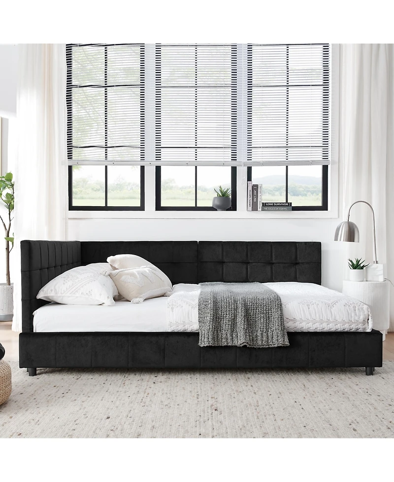 flynama Full Size Velvet Upholstered Daybed Black Mid Century Backrest Armrest Eucalyptus Wood