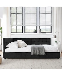 flynama Full Size Velvet Upholstered Daybed Black Mid Century Backrest Armrest Eucalyptus Wood