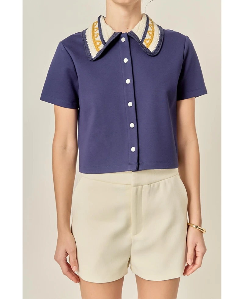 English Factory Women's Knitted Collar Button Up Top