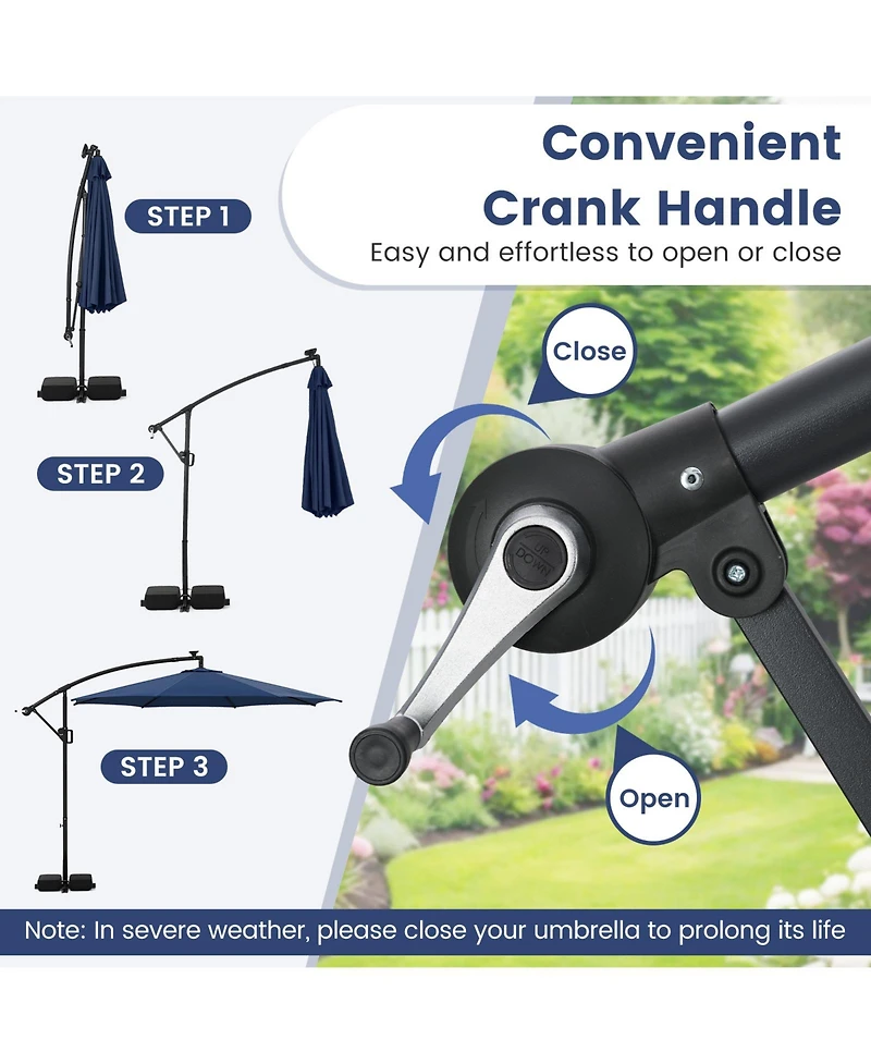 Sugift 10 ft Solar Offset Hanging Umbrella with Base and Led Lights