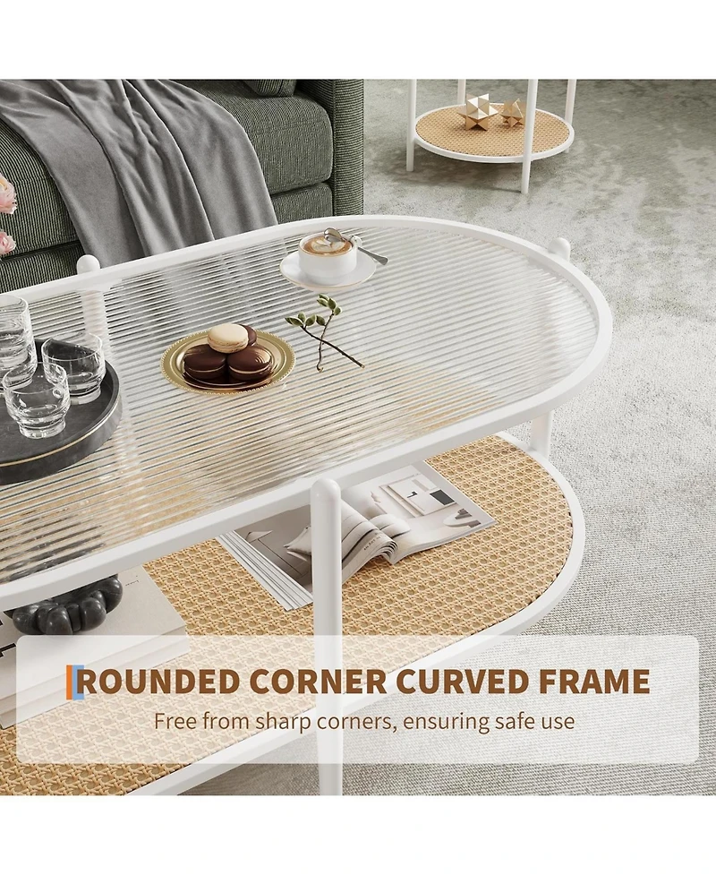 gaomon Boho Oval 2-Tier Rattan Coffee Table with Water-Wave Tempered Glass Top