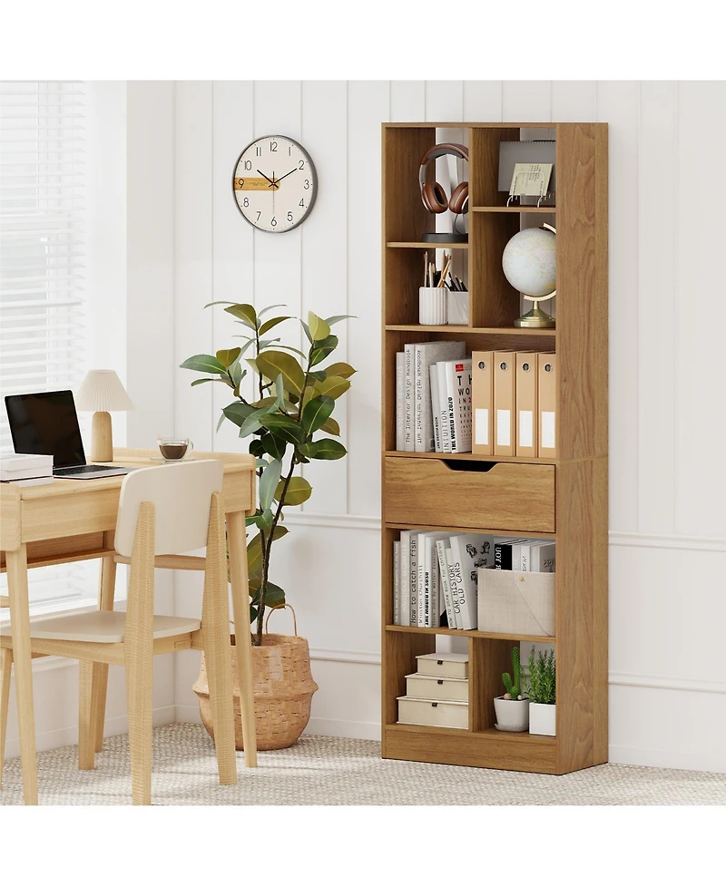 Slickblue 61 Inch Bookcase with Drawer and 8 Storage Compartments