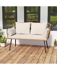 Sugift Outdoor Rattan Two Seat Chair with Cushions and Metal Legs