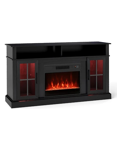 Sugift 58 in Fireplace Tv Stand with Led Lights and Glass Doors