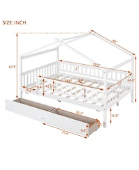 flynama Full Size Wooden House Bed Two Drawers