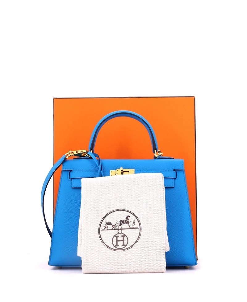Pre-Owned HERMES Kelly 25 Handbag Blue Epsom with Gold Hardware