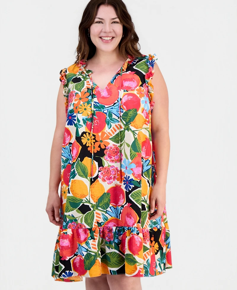 Sandra Darren Plus Ruffled Tie-Neck Shift Dress