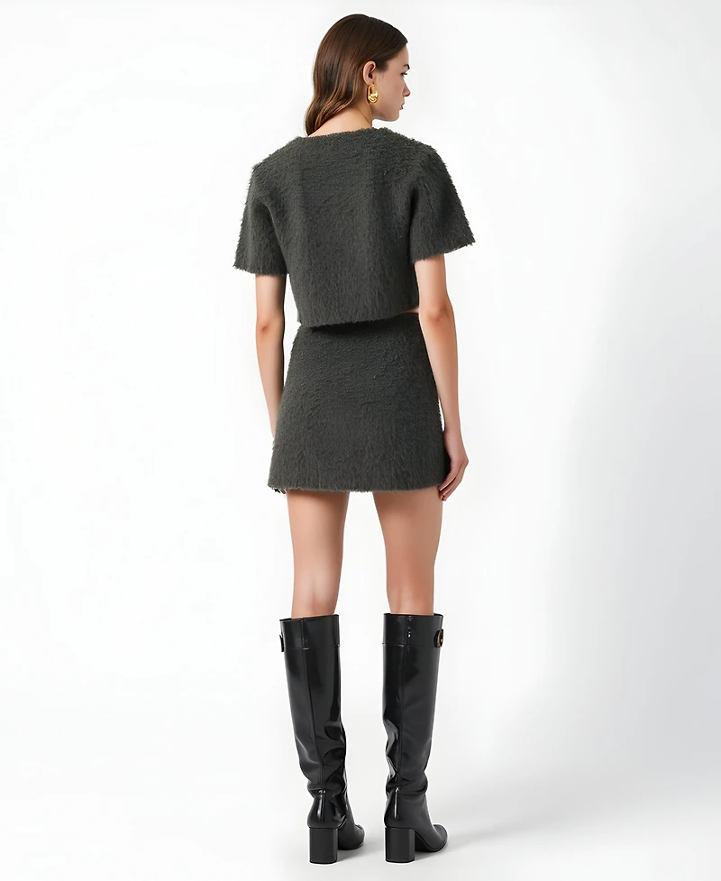 Modenaire Women's Fuzzy Knit Crop Top and Mini Skirt Set