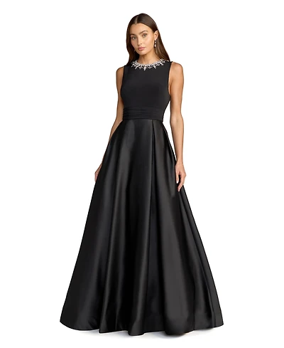 Mac Duggal Women's Pearl-Embellished High-Neck Sleeveless A-Line Evening Gown