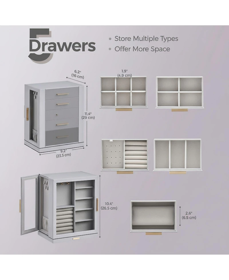 YIGII360degree(s) Rotating Jewelry Organizer 5 Drawers Glass Window Dustproof Moisture Resistant