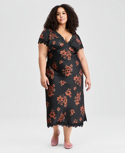 And Now This Trendy Plus Lace-Trim Floral Satin Midi Dress, Macy's Exclusive