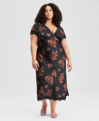And Now This Trendy Plus Lace-Trim Floral Satin Midi Dress, Macy's Exclusive