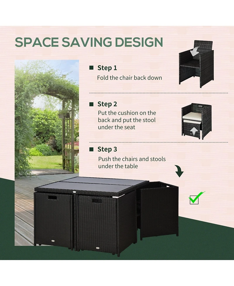 Outsunny 9 Piece Patio Wicker Dining Sets, Space Saving Outdoor Sectional Conversation Set, with Dining Table, Ottoman and Chair & Cushioned for Lawn