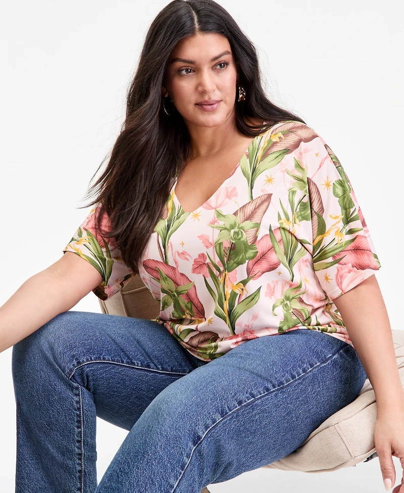 I.n.c. International Concepts Plus Printed V-Neck Top, Macy's Exclusive