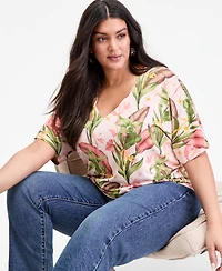 I.n.c. International Concepts Plus Printed V-Neck Top, Macy's Exclusive