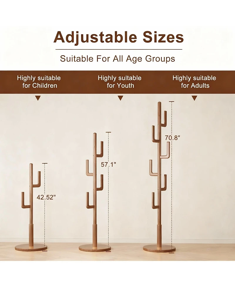 Yigii Solid Wood Cactus-Style Coat Rack, 6 Hooks, 3 Height Settings