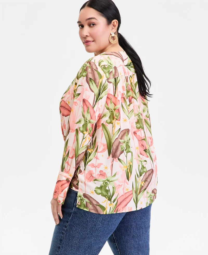 I.n.c. International Concepts Plus Printed Surplice Long-Sleeve Blouse, Macy's Exclusive
