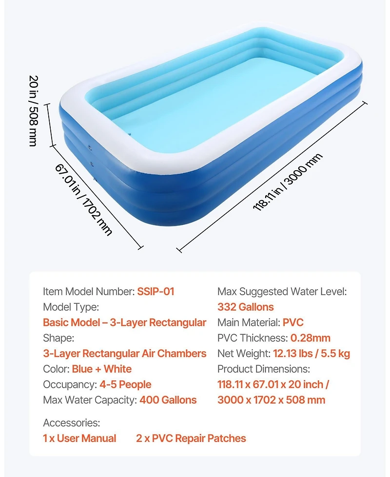 Mecale 118 x 67 x 20 Inch Inflatable Swimming Pool for Kids and Adults with Repair Patch