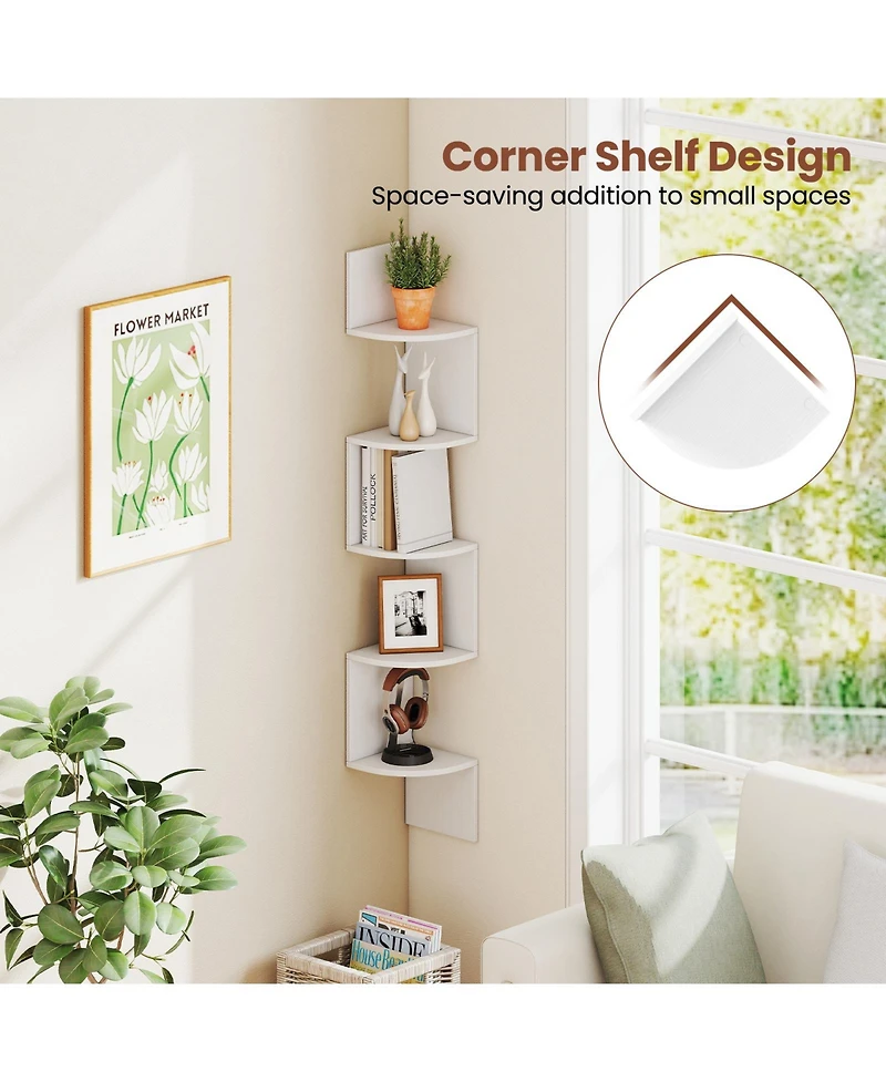Sugift 5-Tier Corner Shelf Floating Bookshelf Wall Mounted Storage Organizer