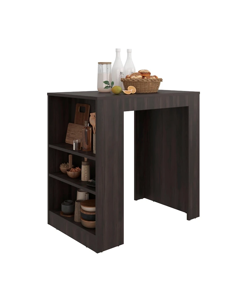 Depot E-shop Lacour Kitchen Island, Bar Table with 3-Side Shelves, Dark Walnut