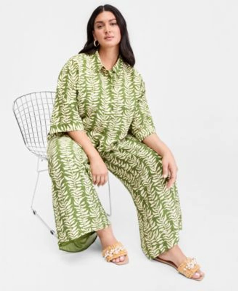I.N.C. International Concepts Plus Size Printed 3 4 Sleeve Button Front Shirt Printed High Rise Wide Leg Pants Macys Exclusive