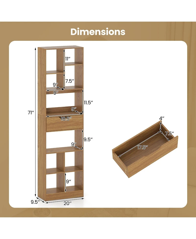 Sugift Tall Freestanding Bookcase with Drawer and Ten Cube Storage