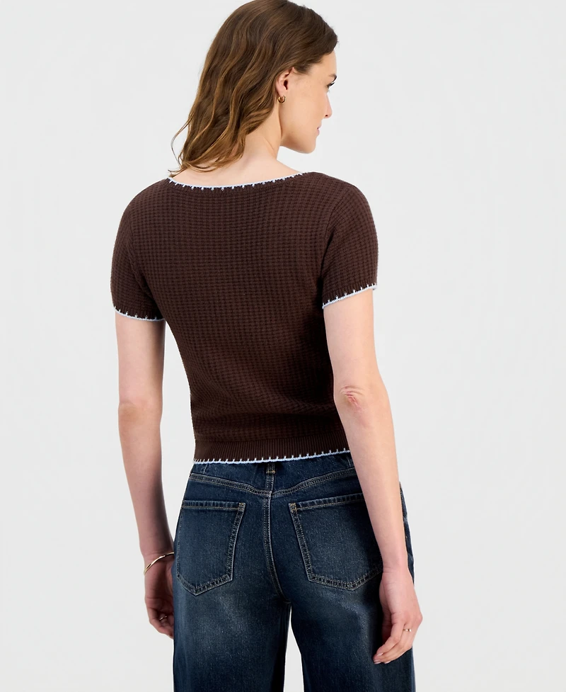 Ultra Flirt Juniors' Waffle-Knit Short-Sleeve Sweater
