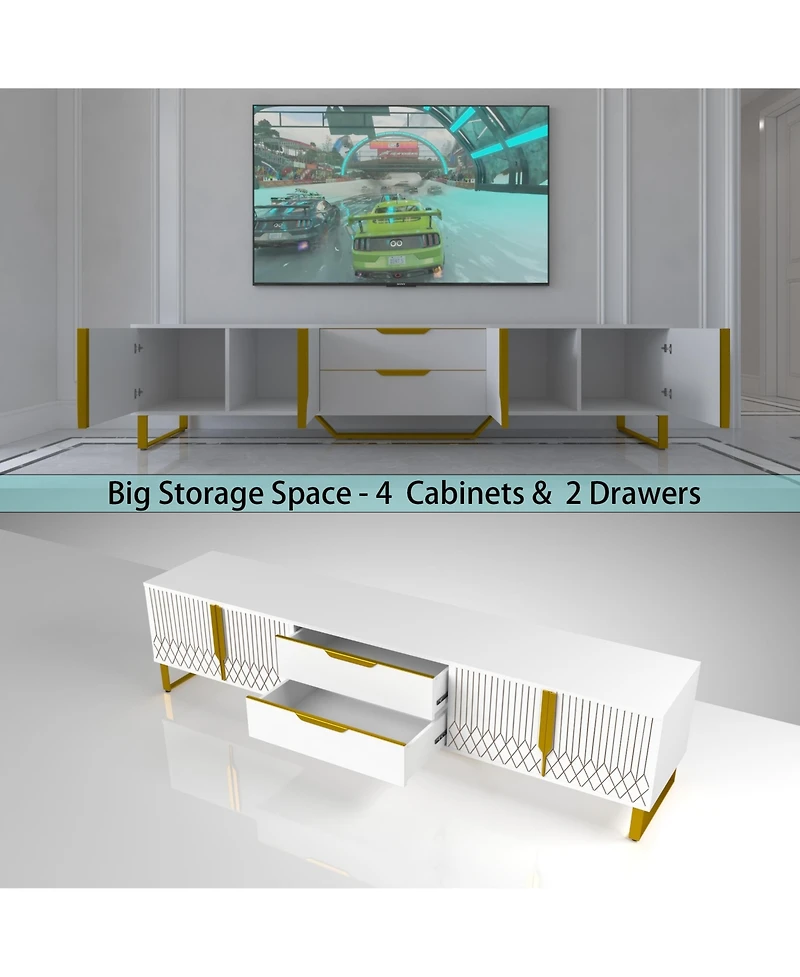 Boyel Living Modern Tv Stand with Carved Design and Metal Legs, Large Storage Cabinets for Living Room or Bedroom, for 75 Inches Tv