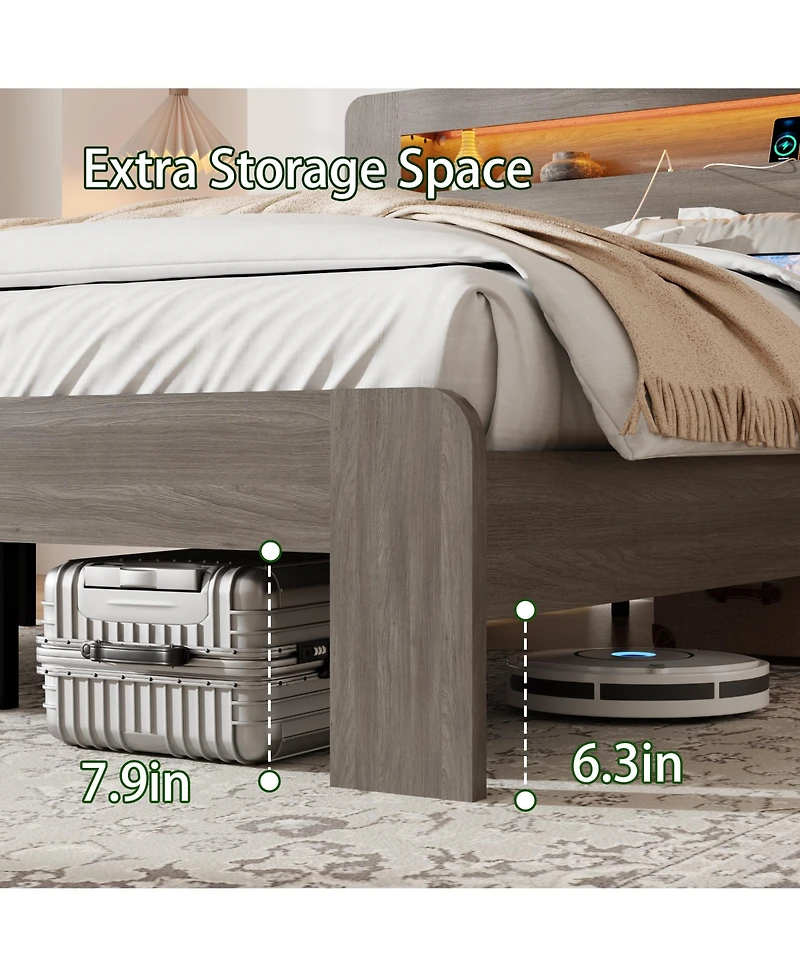 Rainsken Queen Size Platform Bed Frame, Wooden Bed with Led Light Headboard, Usb Ports and Spacious Under-Bed Storage for Bedroom