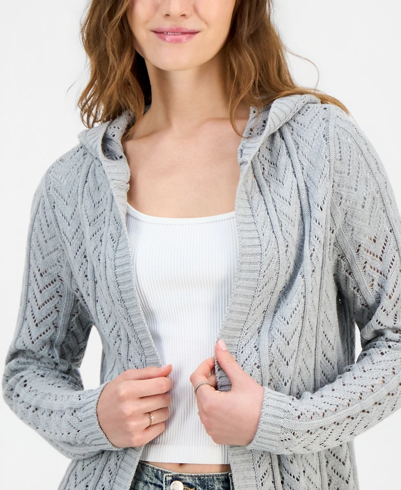 Hippie Rose Juniors' Open-Front Pointelle-Knit Hooded Cardigan