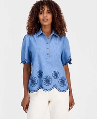 Style & Co Women's Cotton Chambray Embroidered-Trim Shirt, Macy's Exclusive