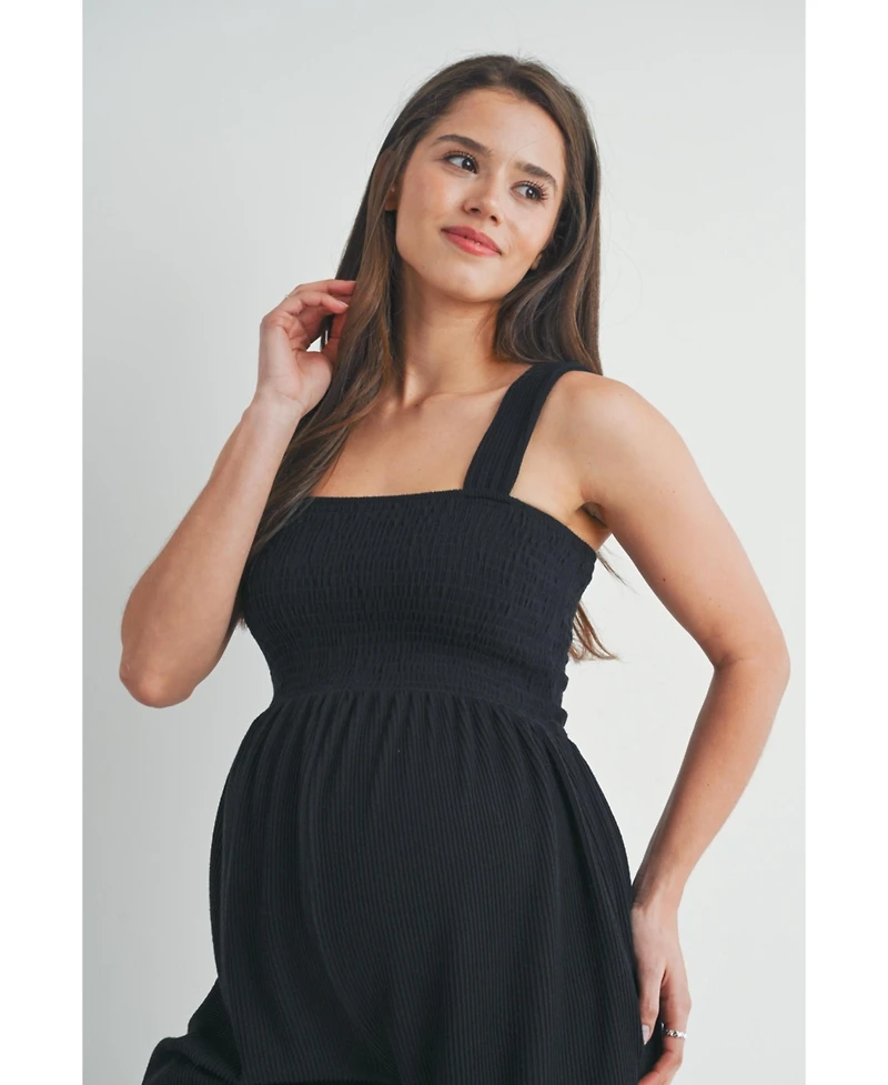 Hello Miz Maternity Ribbed Knit Square Neck Smocked Sleeveless Romper