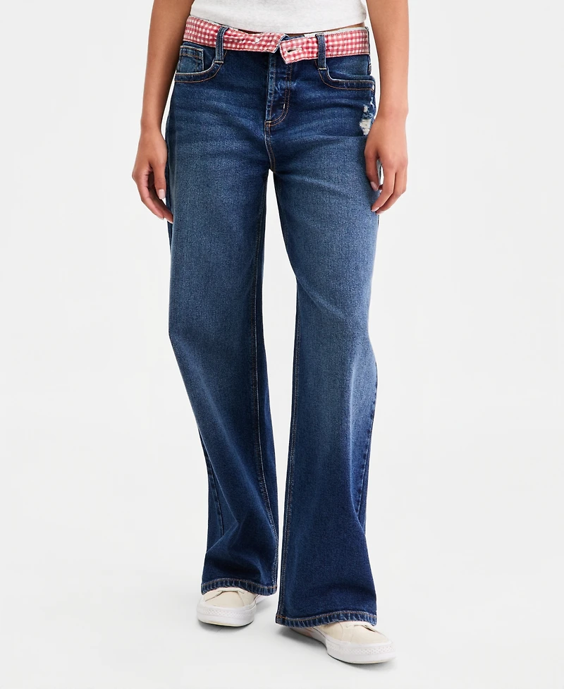 Celebrity Pink Juniors' Gingham Foldover-Waist Denim Jeans