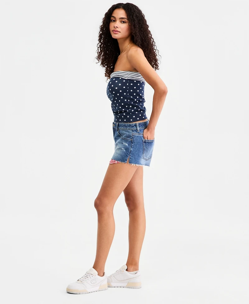 Celebrity Pink Juniors' Gingham Exposed-Pocket Denim Shorts