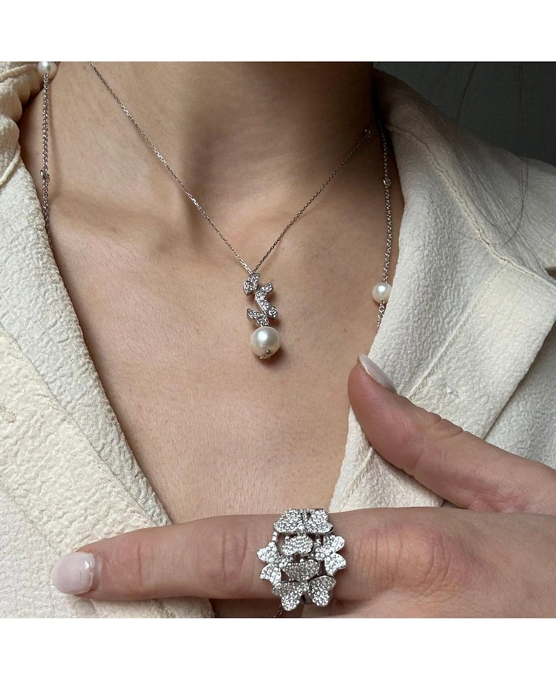 Suzy Levian Sterling Silver Pearl and White Sapphire Butterfly Pendant