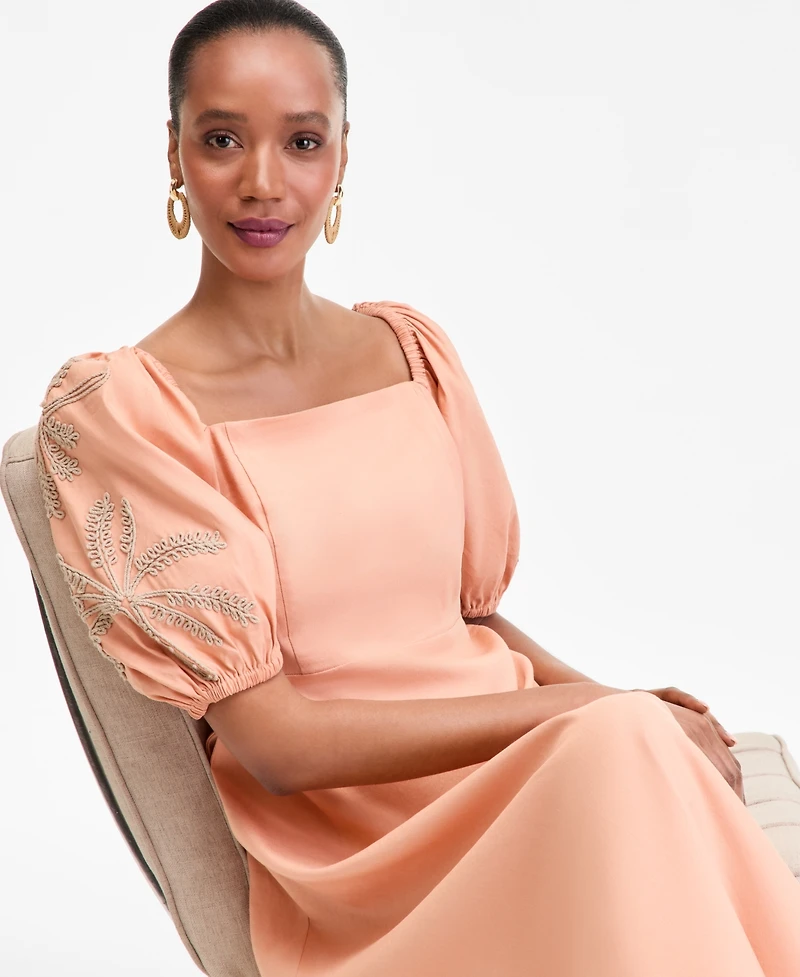 I.n.c. International Concepts Women's Linen-Blend Embroidered Puff-Sleeve Midi Dress, Macy's Exclusive