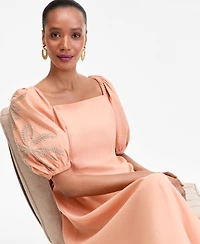 I.n.c. International Concepts Women's Linen-Blend Embroidered Puff-Sleeve Midi Dress, Macy's Exclusive