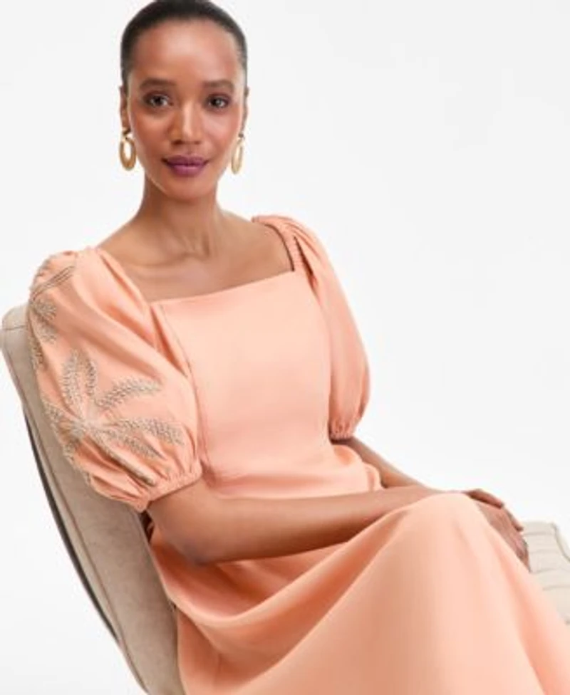 I.N.C. International Concepts Linen Blend Puff Sleeve Dress Raffia Wrapped Drop Hoop Earrings Macys Exclusive