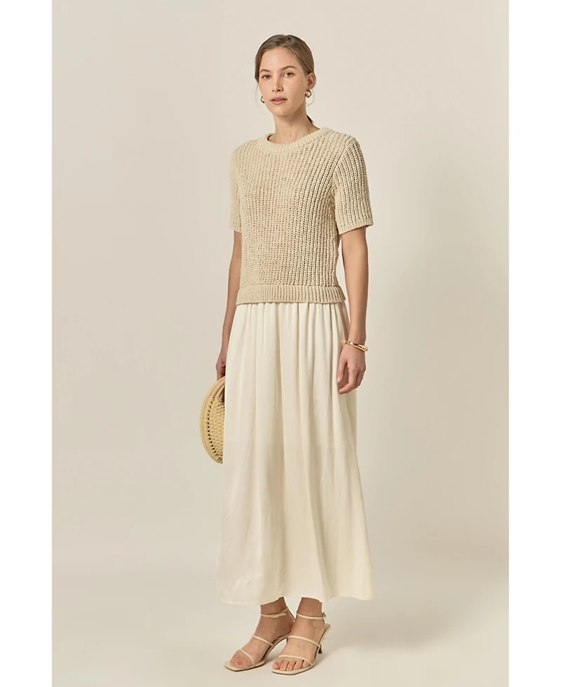 English Factory Women's Satin Contrast Mixed Media Midi Dress