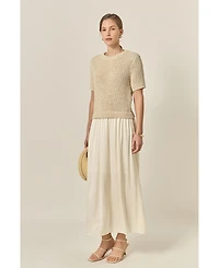 English Factory Women's Satin Contrast Mixed Media Midi Dress