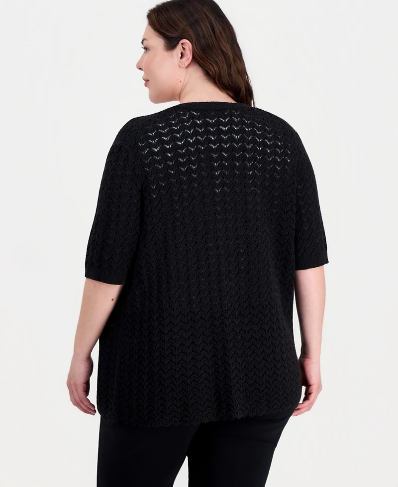 Kasper Plus Short-Sleeve Scalloped-Hem Cardigan