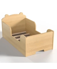 Rainsken Low-Profile Twin Size Kids Floor Bed Frame, Wooden Platform Bed with Safety Rails and Bear Shape Headboard for Boys and Girls Ages 3-6