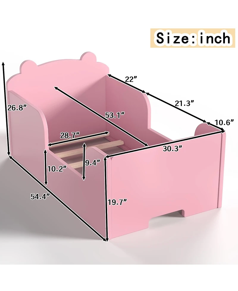 Rainsken Twin Size Wooden Kids Floor Bed Frame, Platform Bed with Bear Headboard and Safety Rails for Boys Girls Ages 3-6