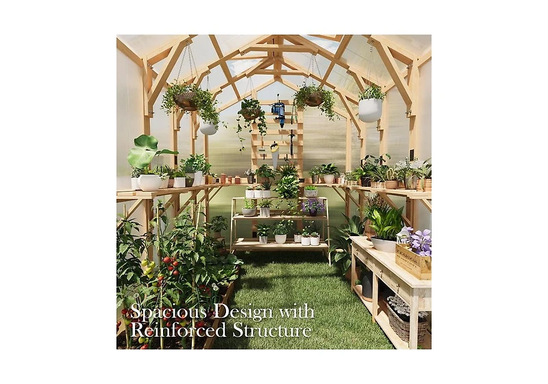 Aecojoy 6x7 Ft Wooden Greenhouse for Outdoors, Walk-in Garden Greenhouse with Plant Stand, Lockable Door