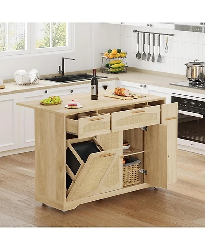 gaomon Rattan Rolling Kitchen Island Table on Wheels with Drop Leaf, Tilt Out Trash Can Cabinet 2 Door, Storage Cabinet, Drawer, Spice Rack