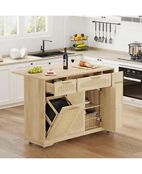 gaomon Rattan Rolling Kitchen Island Table on Wheels with Drop Leaf, Tilt Out Trash Can Cabinet 2 Door, Storage Cabinet, Drawer, Spice Rack