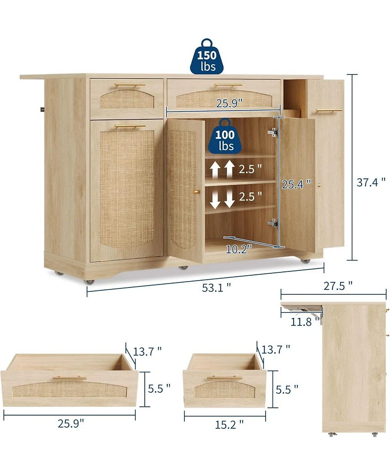 gaomon Rattan Rolling Kitchen Island Table on Wheels with Drop Leaf, Tilt Out Trash Can Cabinet 2 Door, Storage Cabinet, Drawer, Spice Rack