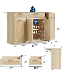 gaomon Rattan Rolling Kitchen Island Table on Wheels with Drop Leaf, Tilt Out Trash Can Cabinet 2 Door, Storage Cabinet, Drawer, Spice Rack